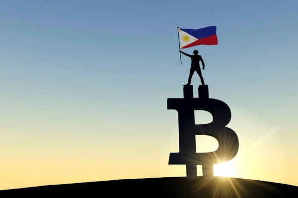 Persona ondeando una bandera de Filipinas de pie en la parte superior de un símbolo criptomoneda bitcoin. Renderizado 3D —  Fotos de Stock