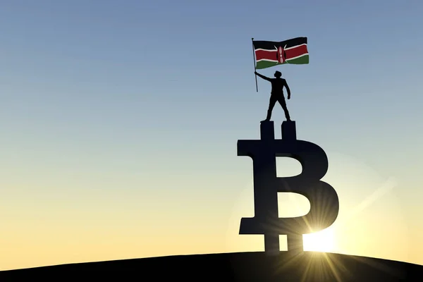 Persona ondeando una bandera kenya de pie en la parte superior de un símbolo criptomoneda bitcoin. Renderizado 3D —  Fotos de Stock