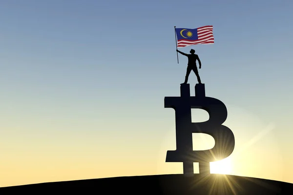 ビットコイン暗号通貨シンボルの上に立つマレーシアの旗を振っている人。3Dレンダリング — ストック写真