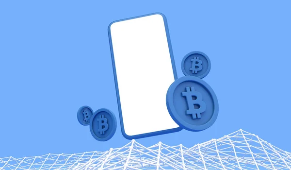 Bitcoin-Brieftasche für den Online-Handel. Smartphone mit leerem Bildschirm und blauen Münzen mit Blockchain-Raster. 3D Render — Stockfoto