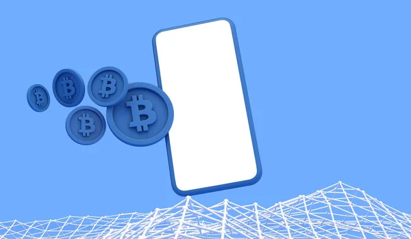 Bitcoin-Brieftasche für den Online-Handel. Smartphone mit leerem Bildschirm und blauen Münzen mit Blockchain-Raster. 3D Render — Stockfoto