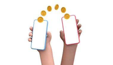 Bitcoin çevrimiçi kripto para ticareti ve ödeme kavramı. Elinde Bitcoin bozukluklu boş ekranlı bir akıllı telefon tutan kişi. 3B Hazırlama