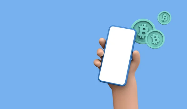 Bitcoin comercio de criptomonedas en línea y concepto de pago. Persona que sostiene un teléfono inteligente con pantalla en blanco con monedas de bitcoin. Renderizado 3D — Foto de Stock