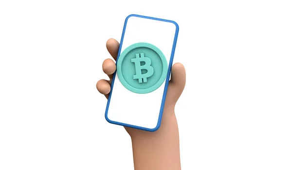 Bitcoin comercio de criptomonedas en línea y concepto de pago. Persona que sostiene un teléfono inteligente con pantalla en blanco con monedas de bitcoin. Renderizado 3D —  Fotos de Stock