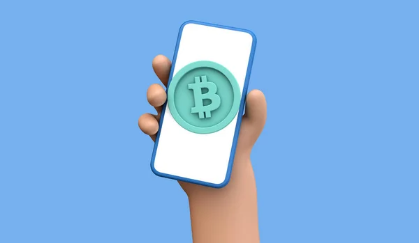 Bitcoin online cryptocurrency trading and payment concept. Orang yang memegang smartphone dengan layar kosong dengan koin bitcoin. Perenderan 3D — Stok Foto