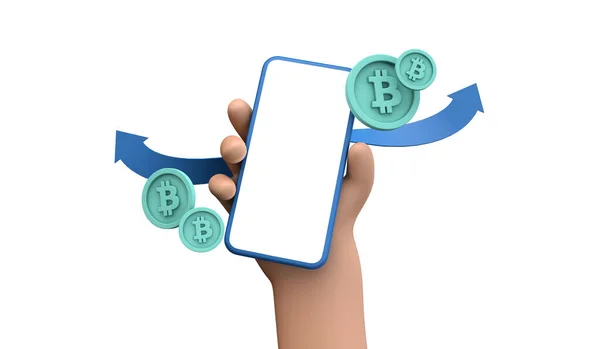 Online-Handel mit Kryptowährungen Bitcoin und Zahlungskonzept. Person hält ein Smartphone mit leerem Bildschirm mit Bitcoin-Münzen. 3D-Rendering — Stockfoto