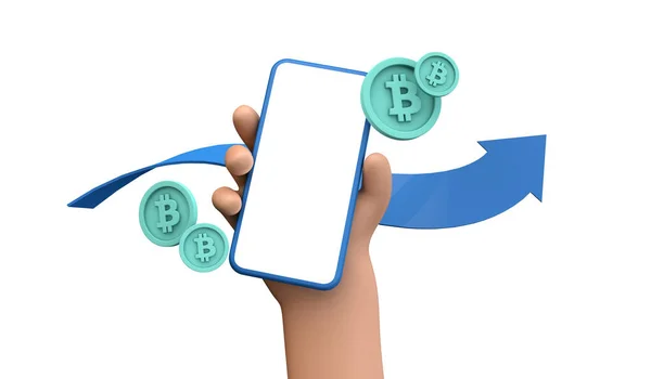 Bitcoin online cryptocurrency trading and payment concept. Orang yang memegang smartphone dengan layar kosong dengan koin bitcoin. Perenderan 3D — Stok Foto