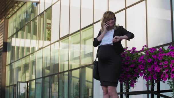 Smiling Pregnant Businesswoman Standing Flowers Front Modern Building While Talking — Stock Video