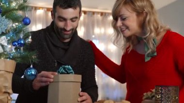 Oturma odasındaki Noel ağacında eğlenen ve hediyelerini paylaşan bir çift. Tatil hazırlığı.