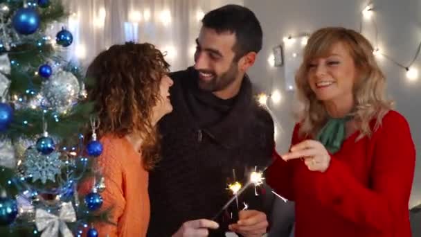 Des Amis Heureux Tenant Des Gicleurs Près Sapin Noël Veille — Video