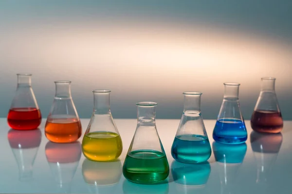 Scientific Laboratory Glass Erlenmeyer Flask Filled Colorful Liquid Forming Rainbow — Stock Photo, Image