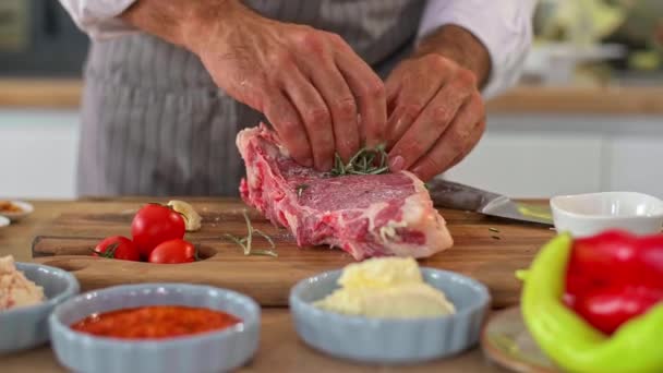 Close Chef Hands Preparation Phase Which Adds Spices Piece Meat — Stock Video