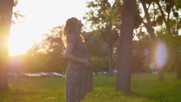 背景に木がある日没時に市内の公園で幸せな白人妊婦 彼女は笑みを浮かべて 胃の周りに彼女の腕を保持 — ストック動画