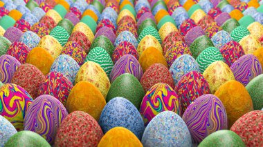 Bir sürü renkli Paskalya yumurtasının 3 boyutlu çizimi. Paskalya bayramı süslemeleri, Paskalya konsepti.