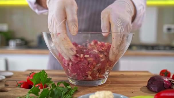 Chef Mélange Des Boulettes Viande Avec Des Épices Des Légumes — Video