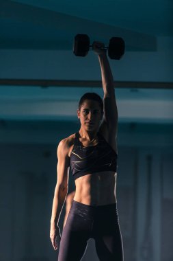 Spor salonunda dambıl kapma egzersizi yapan zinde bir genç kadın..