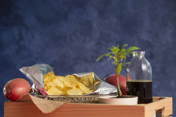 An open bag of chips, CBD oil in a bottle, potatoes and a marijuana plant and a bowl of hemp seeds in a wooden crate. The background is blue.