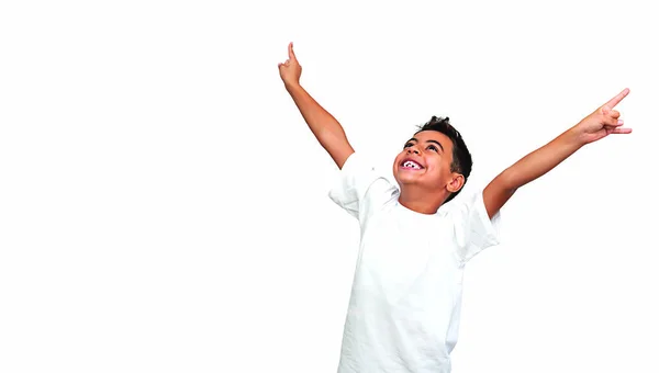 A young black boy expresses delight by raising his hands up and shouting hurray. — Stock Photo, Image