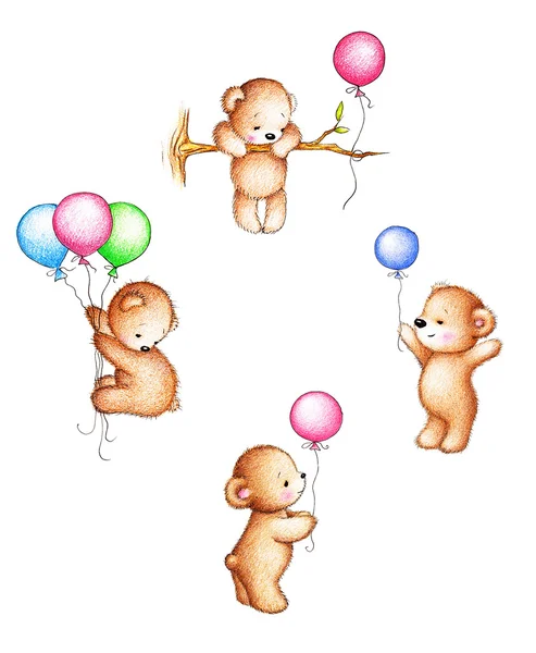 Ursinhos de pelúcia com balões — Fotografia de Stock