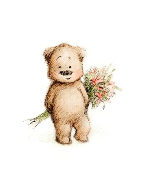 Een teddybeer met bloemen — Stockfoto