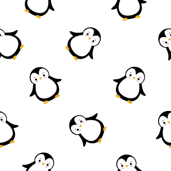 Modello senza cuciture vettoriale con simpatici pinguini dei cartoni animati su sfondo bianco. illusione di Natale — Vettoriale Stock