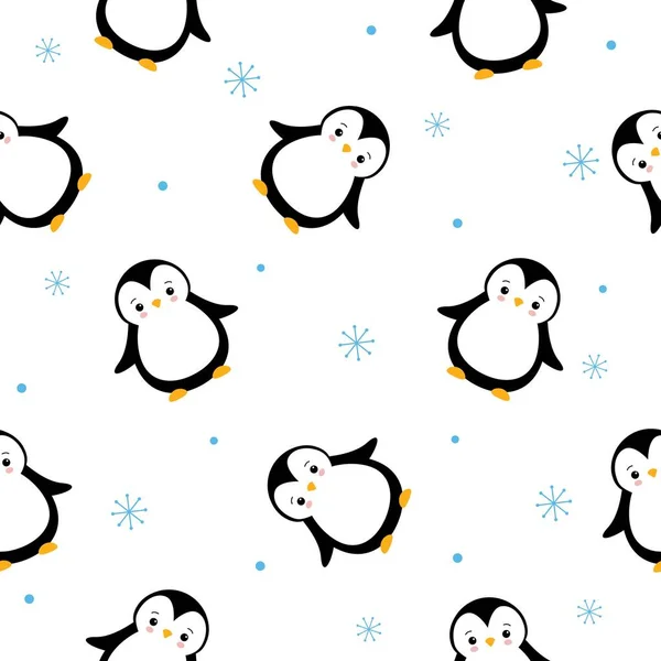 Modello Vettoriale Con Cartoni Animati Simpatici Pinguini Fiocchi Neve Sfondo — Vettoriale Stock