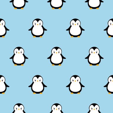 Mavi arka planda sevimli karikatür penguenleri olan vektörsüz desen. Noel Hastalığı