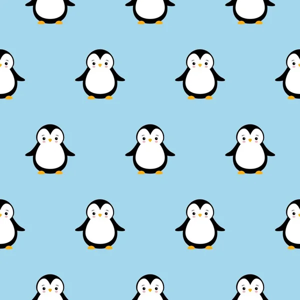 Modello senza cuciture vettoriale con simpatici pinguini dei cartoni animati su sfondo blu. illusione di Natale — Vettoriale Stock