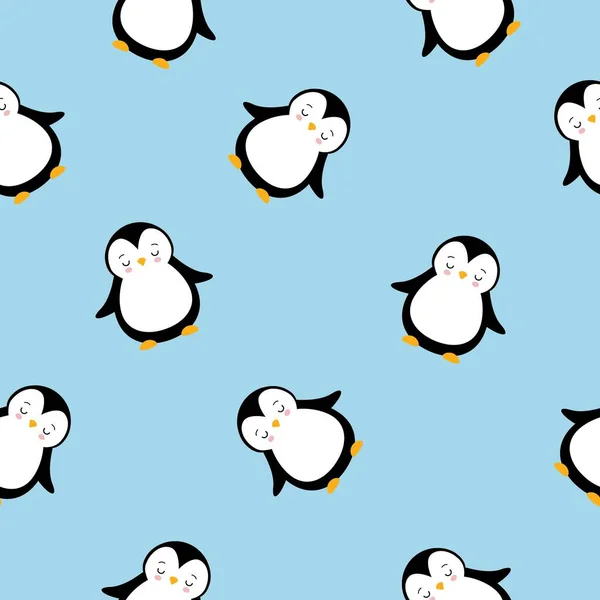 Carino pinguino Cartoon modello senza soluzione di continuità su sfondo blu stile Kawaii — Vettoriale Stock