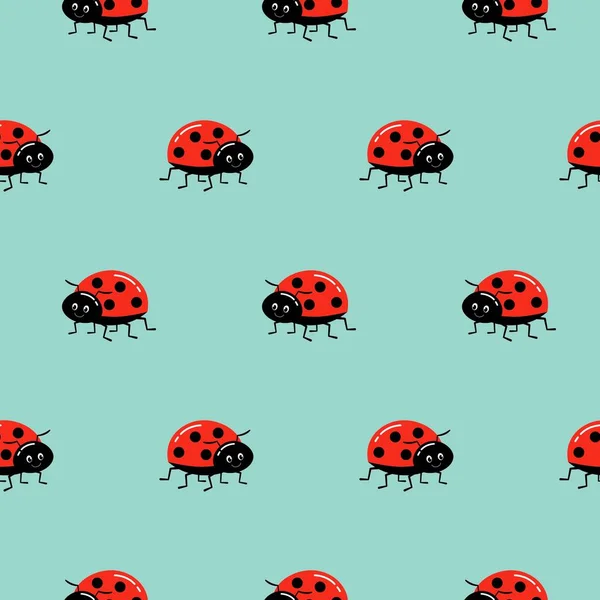 Seamless background with ladybug. Vector illustration on green. Pattern with beetles for tissue, paper, prints and other. — 스톡 벡터