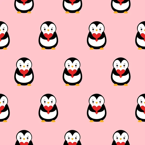 Texture modello senza soluzione di continuità di pinguino e cuore su sfondo rosa. — Vettoriale Stock