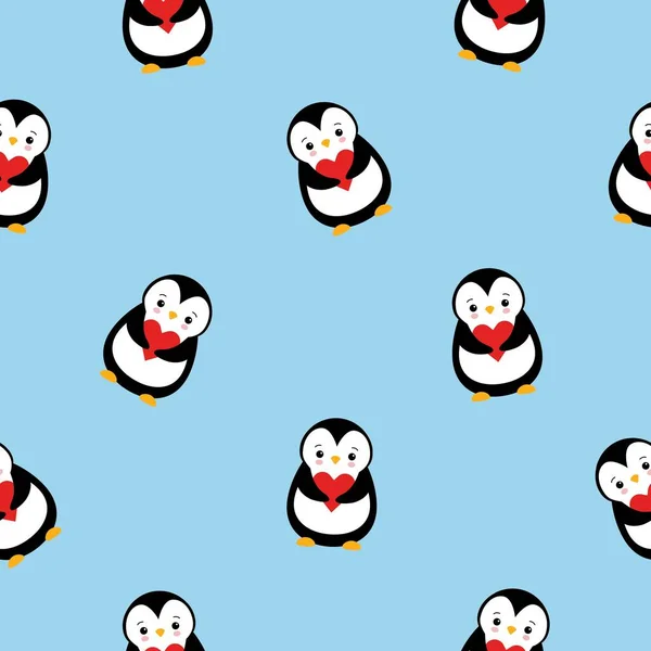 Vettore modello senza soluzione di continuità di colorato piatto cartone animato carino pinguino con cuore isolato su sfondo blu — Vettoriale Stock