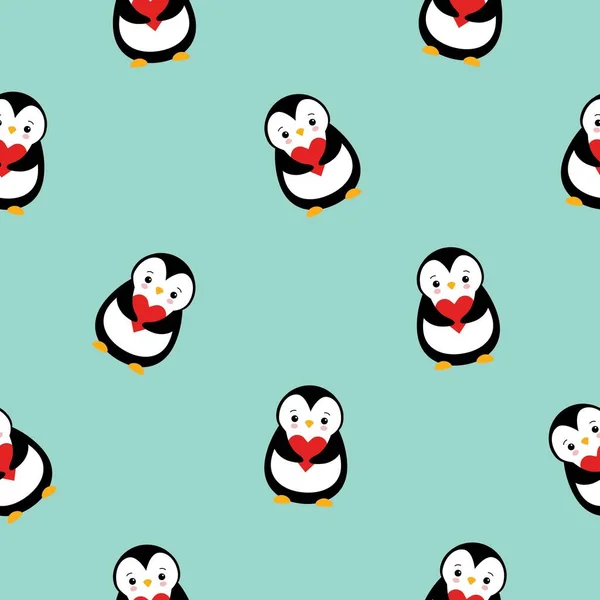 Vettore modello senza soluzione di continuità di colorato piatto cartone animato carino pinguino con cuore isolato su sfondo verde — Vettoriale Stock