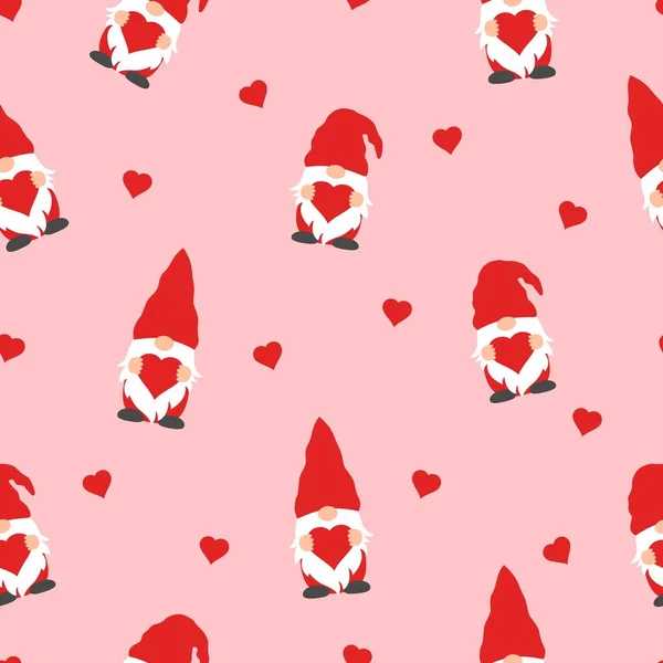 Söta valentiner tomtar i röda hattar och hjärtan i en Alla hjärtans dag sömlös mönster på rosa bakgrund Stockillustration
