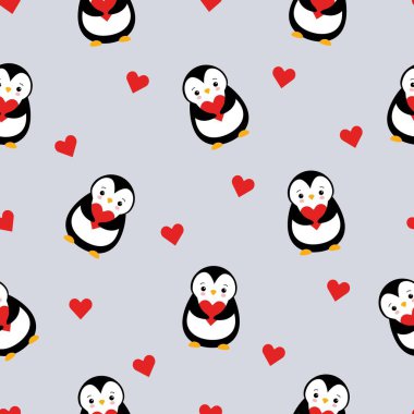 Gri Arkaplanda Sevimli Penguen ve Kalp Tasarımı Çizgifilmiyle Kusursuz Desen