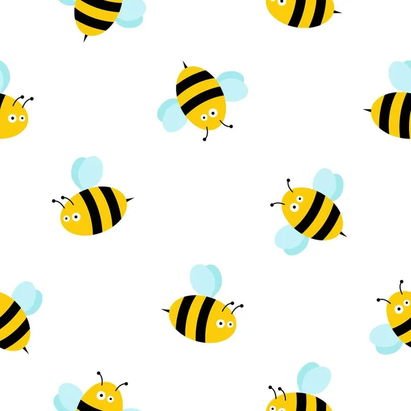 Bezešvý vzor s létajícími včelami. Vektor Cartoon černé a žluté včely izolované na bílém pozadí. — Stockový vektor