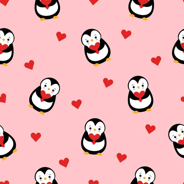Modèle sans couture avec mignon dessin animé pingouin et conception de coeur sur fond rose — Image vectorielle