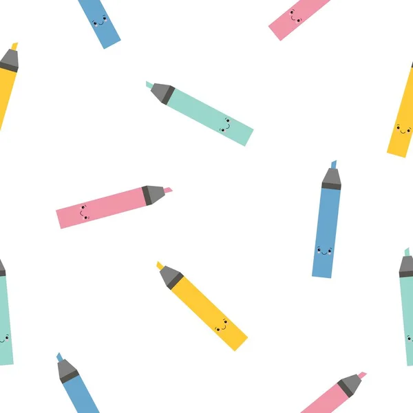 Multi-colorido lindos marcadores de dibujos animados resaltadores patrón de muestra. Fondo brillante sin fin. Bueno para la escuela y los antecedentes empresariales. — Vector de stock