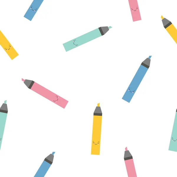 Multi-colorido lindos marcadores de dibujos animados resaltadores patrón de muestra. Fondo brillante sin fin. Bueno para la escuela y los negocios. Ilustración Kawaii — Vector de stock