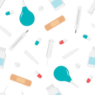 Sağlık ve tıp unsurları çizgi film tarzında ayarlandı. Beyaz arkaplanda vektör illüstrasyonu.