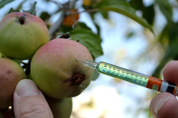 Apfel mit Spritze — Stockfoto