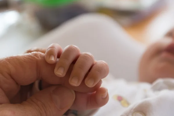 Baby greift nach dem Finger eines Erwachsenen - Nahaufnahme — Stockfoto