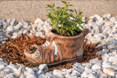 Beyaz çakıllarda duran seramik ayakkabılı dış dekorasyon. Yakın plan.