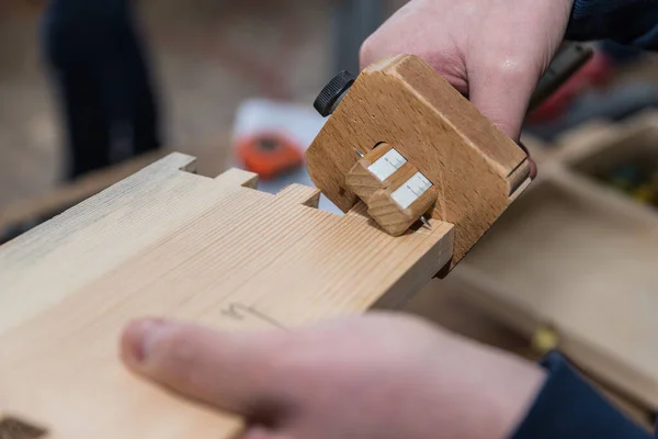 Carpenter Works Marking Tape Close Carpenter Tools — Stock Photo, Image