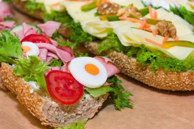 Renkli malzemelerle susam tohumu rulosu - yumurta, sosis, peynir, tam tahıllı salata