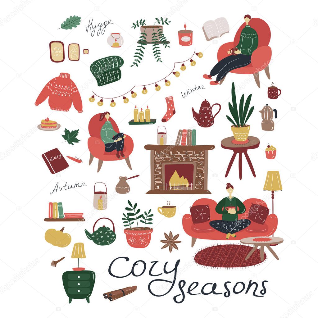 Cozy interior set. Autumn and winter season details. Flat vector graphic