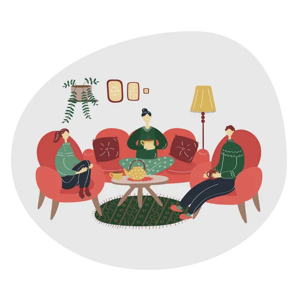 A família bebe café juntos. Tenha um bom fim de semana com amigos. Conceito Hygge. ilustração vetorial plana colorida —  Vetores de Stock