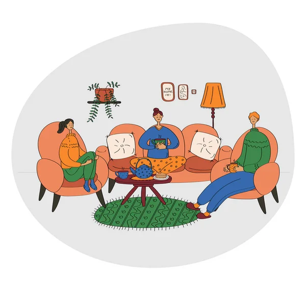 A família bebe café juntos. Tenha um bom fim de semana com amigos. Conceito Hygge. Ilustração de vetor plana bonito —  Vetores de Stock