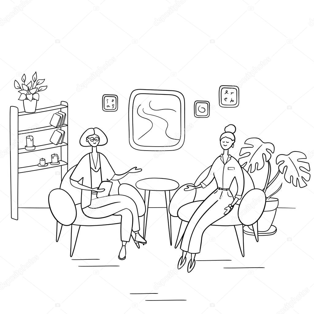 Interview on TV and on the Internet. Presenter talks to guest of show. Young women sit in armchairs and communicate. Vector hand drawn illustration