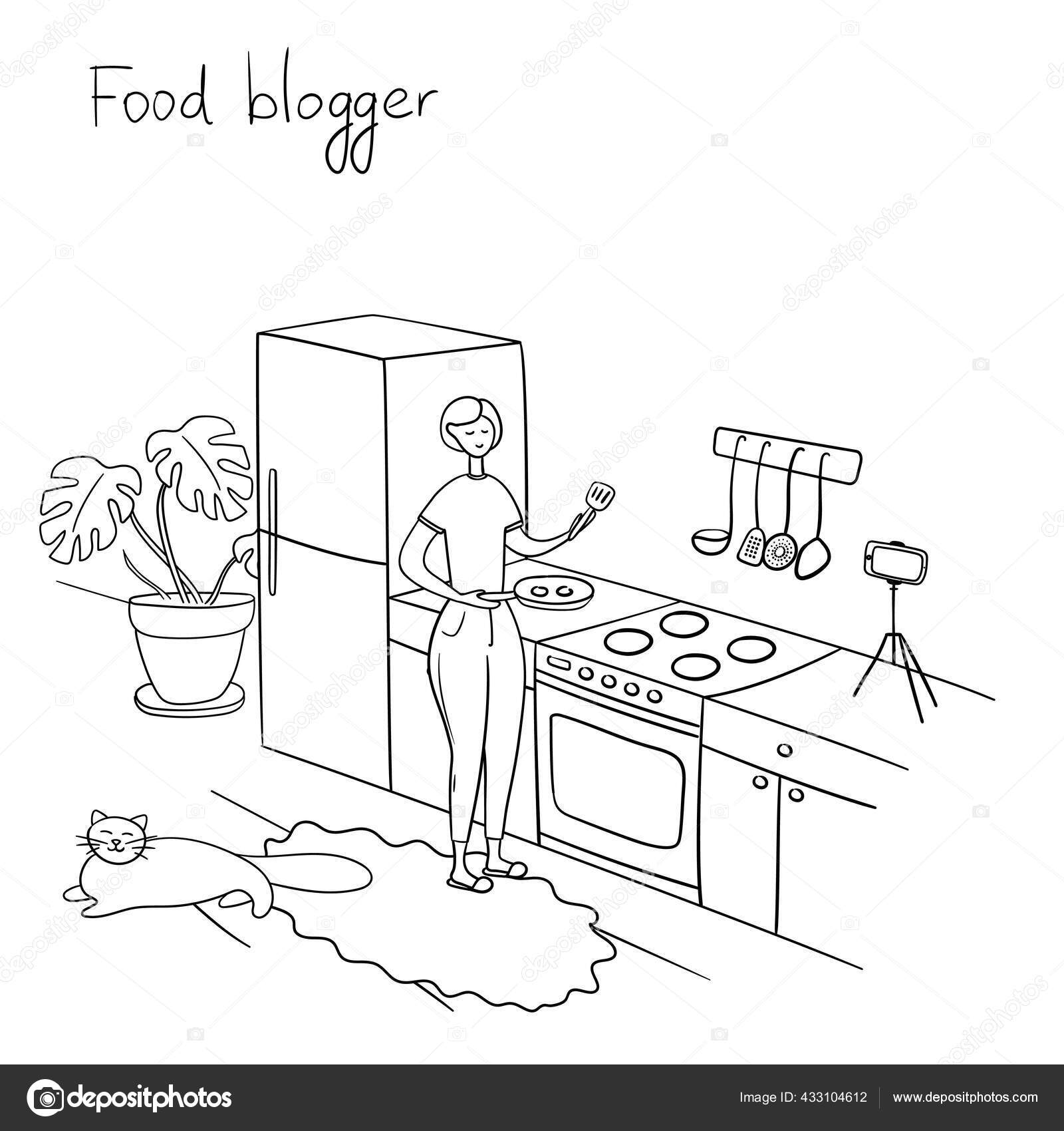 Food blogger. Young woman records video. Chef is cooking in kitchen. Housewife holds frying pan and stands by stove. Cartoon vector illustration Stock Vector Image by ©Lidia_sv #433104612 Food blogger. Young woman records video. Chef is cooking in kitchen. Housewife holds frying pan and stands by stove. Cartoon vector illustration Stock Vector Image by ©Lidia_sv #433104612